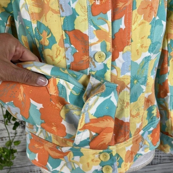 Nicole Miller Denim Jean Jacket size 12 Orange Yellow Floral Pockets Stretch - Picture 7 of 11